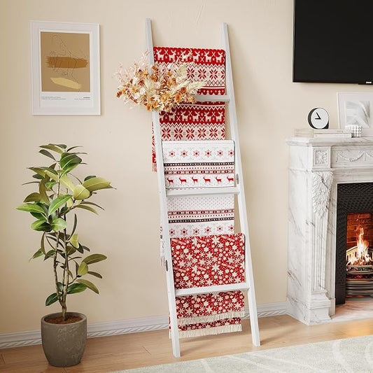 Bamboo Towel Rack 6-Tier Blanket Ladder for Living Room, Bedroom, Bathroom Space-Saving Decorative Ladder for Quilts, Towels and More White