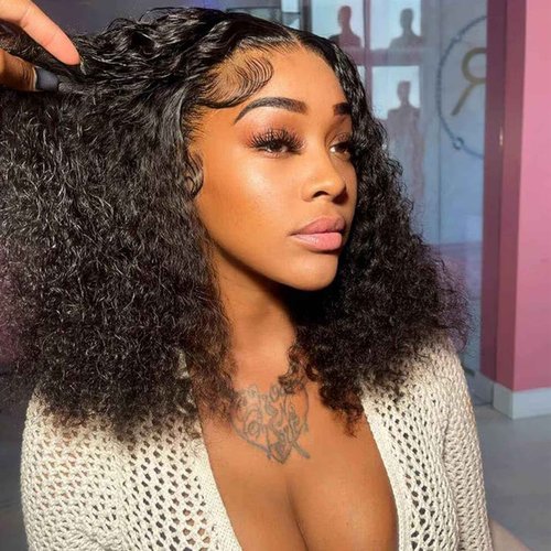 yuccy Curly Bob Wig Human Hair 13X4 Water Wave Lace Front Wig Human Hair Pre Plucked 250% Density Curly Bob Wigs for Women Natural Color 14 Inch…
