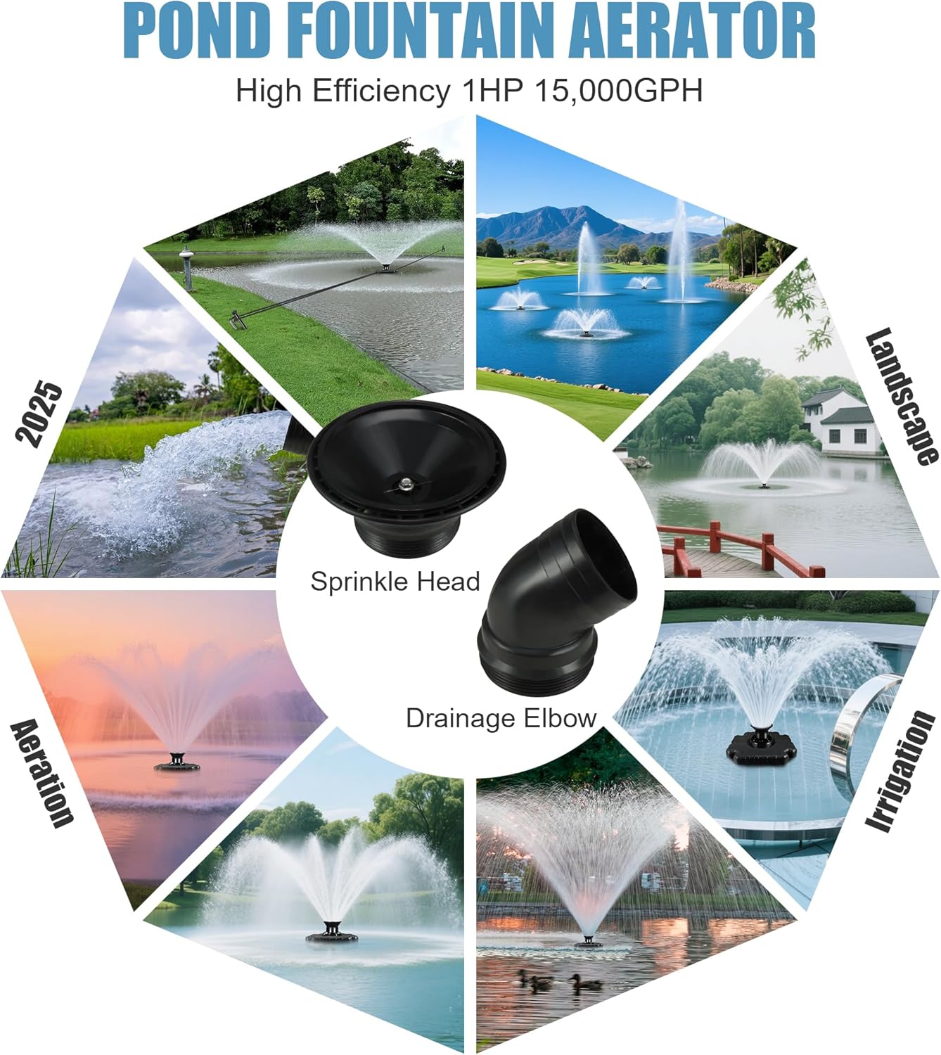 Goldlife Pond Fountain Aerator, F3 1HP 750W 110V Stainless Steel Floating Fountain With 100 FT Power Cord, Octagon Aerating Fountain Pump for Small Large Ponds Lake Pool Bay Fish farm (No Light)