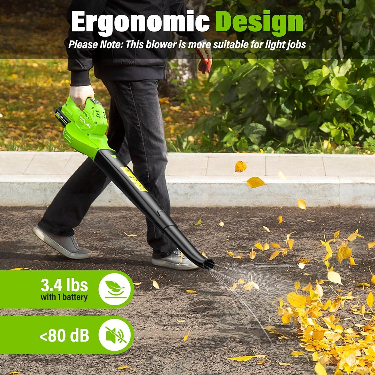 SEYVUM Cordless Leaf Blower, 20V Blower with 2 X 2.0 Ah Battery, Electric Blower for Lawn Care, 350 CFM 150 MPH Battery Powered Leaf Blower with Charger, for Patio, Garden Cleaning, Green