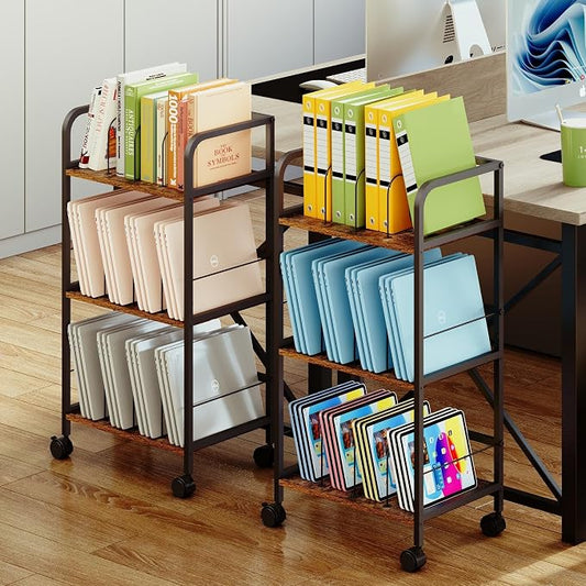 Feyejade Rolling Book Cart with Removable Dividers, 3-Tier File Cart with Wheels, Utility Storage Rack for Office, Home, Classroom, Art Supply Organizer, Binder and Laptop Shelf Rack