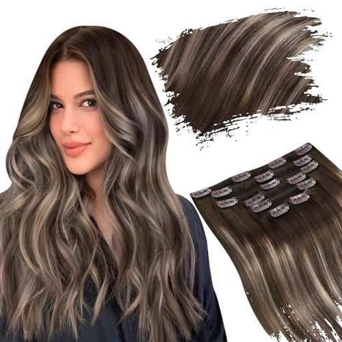 Ugeat Real Hair Extensions Clip in Human Hair 20 Inch Invisible Clip in Hair Extensions Human Hair Ash Brown Balayage Hair Clip Extensions for Women 7Pcs 120G 4/18/4