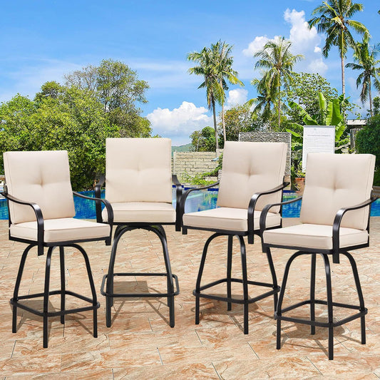 Patio Swivel Bar Stools, Outdoor High Back Swivel Bar Chair Set of 4 with Cushion & All Weather Steel Frame for Backyard, Lawn, Poolside and Balcony, Beige