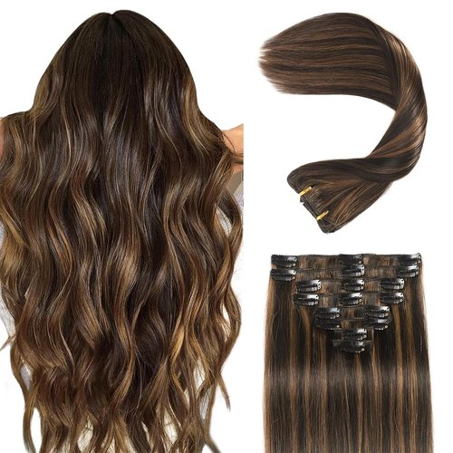 Clip in Hair Extensions Real Human Hair Clip in Extensions for Women Seamless Balayage Natural Black to Chestnut Brown Straight Remy 100% Human Clips ins Extension 8pcs Double Weft 20 inch 3.7oz/105g