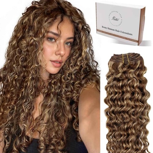 Hetto Curly Clip in Hair Extensions Clip ins Human Hair Deep Wavy Curly 120g #P4/27 Raddish Brown Mix Blonde Hair Extensions Curly 16 Inch 7Pcs