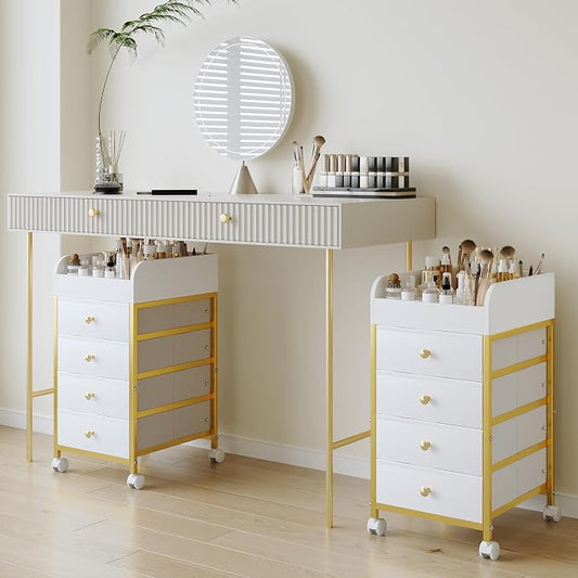 Rolling Makeup Organizer Cart - Under Desk Vanity Cart with 4 Fabric Drawers, Makeup Bathroom Storage Cart Cosmetic Display Cases for Nail Polish Brush Hair Tool