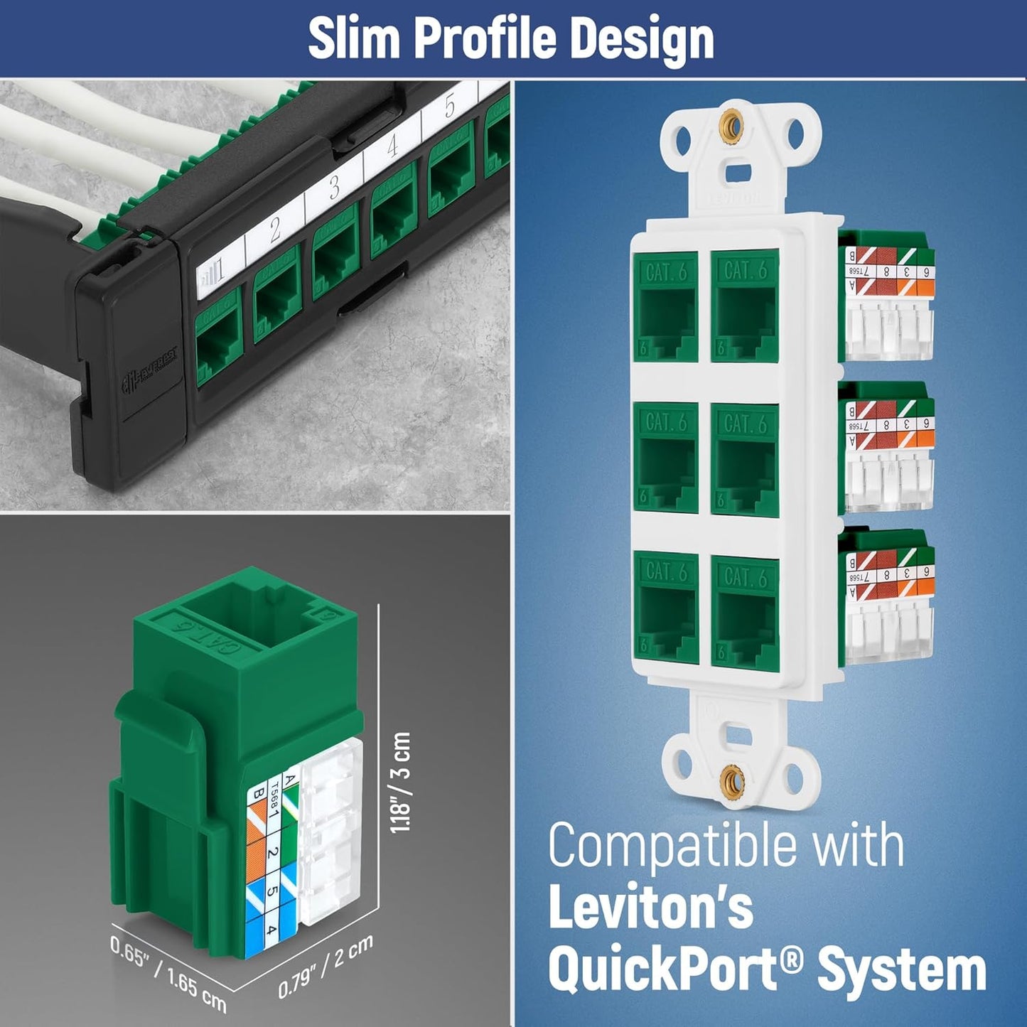 Everest 90° Angled RJ45 Cat6A Keystone Jacks 50-Pack in Green - Slim Profile Female RJ45 Connectors - Cat 6A Keystone Jack - Compatible with 90° Angled Speed Termination Tool - easyJACK (B094WB91H3)