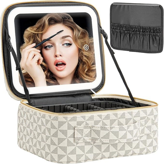 Extrei Gent Makeup Travel Train Case with Mirror LED Light 3 Adjustable Brightness Large Cosmetic Bag Portable Storage Adjustable Partition Waterproof Makeup Brushes Make up Jewelry Gift for Women