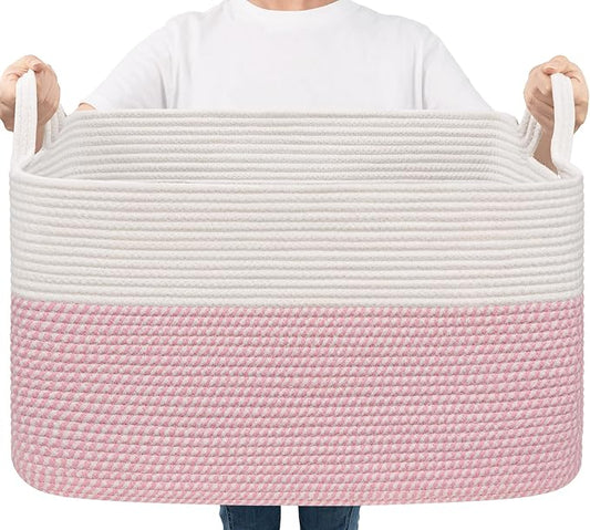 Goodpick Large Woven Blanket Basket 21.6" x 14.9" x 11.8" Storage Baskets for Organizing, Baby Laundry Hamper for Nursery Bedroom, Soft Toy Storage Baskets for Kids Girls, White & Pink