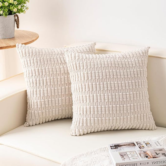 Aegero Pack of 2 Corduroy Decorative Throw Pillow Covers 22x22 Inch Soft Striped Pillow Covers Modern Farmhouse Home Decor for Sofa Living Room Couch Bed（Cream White）