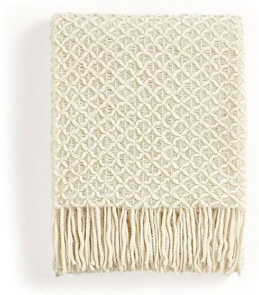 CREVENT Farmhouse Boho Knitted Throw Blanket for Couch Sofa Chair Bed Home Decoration, Soft Warm Cozy Light Weight for Spring Summer Fall (50''X60'' Beige)