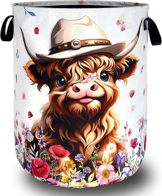 Cute Highland Cow Laundry Basket Foldable Oxford Cloth Cows Animal Laundry Hamper With Handle Clothes Storage Organizer Basket 18.9"x16.5" Storage Bag For Laundry Room/Bathroom/Bedroom/Dormitories