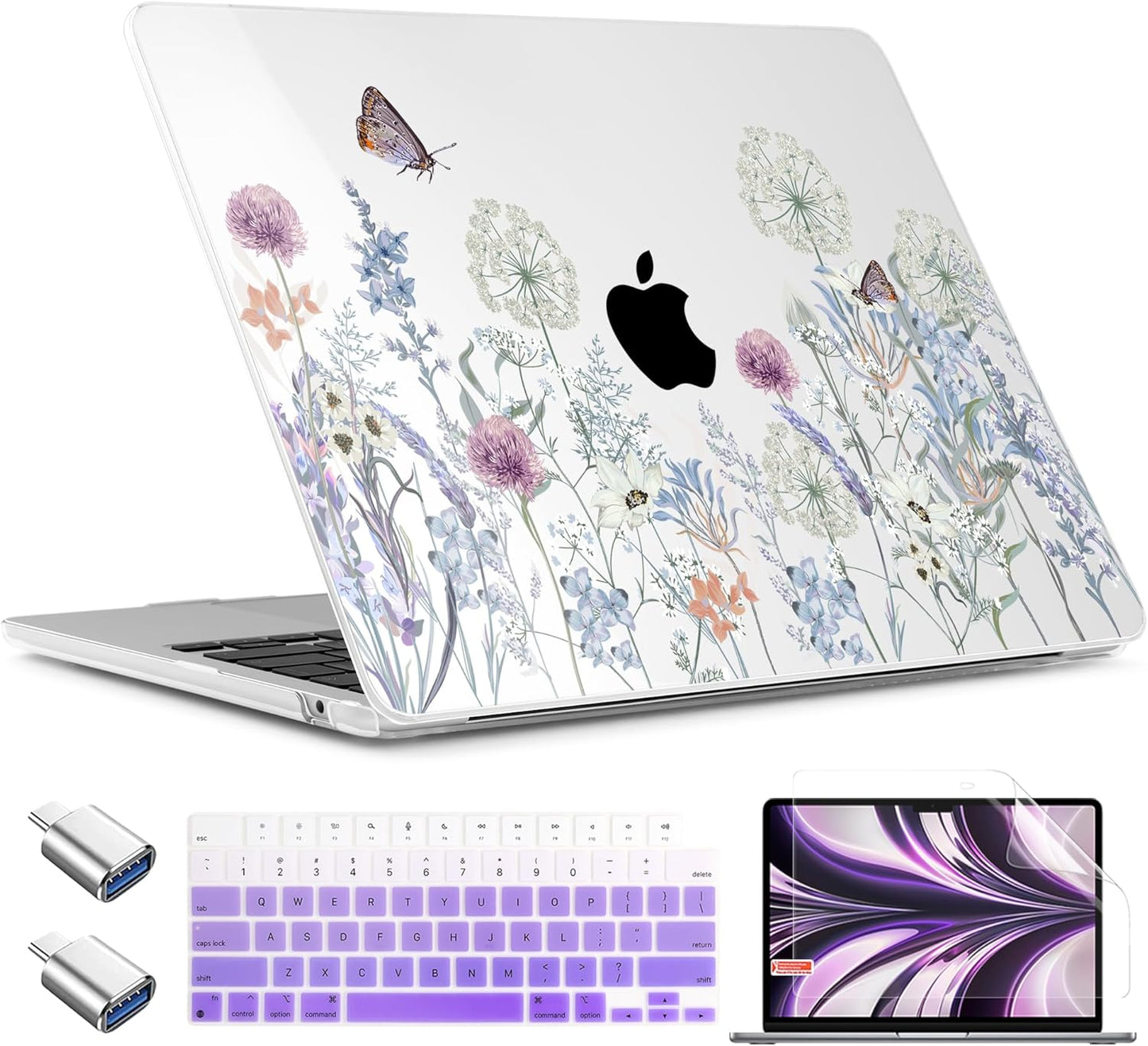 TWOLSKOO Compatible with M4 MacBook Air 13.6 inch Case 2025-2022 Release M4 A3240 M3 A3113 M2 A2681, Plastic Hard Shell & Keyboard Cover & Type C Adapter & Screen Protector, Dandelions