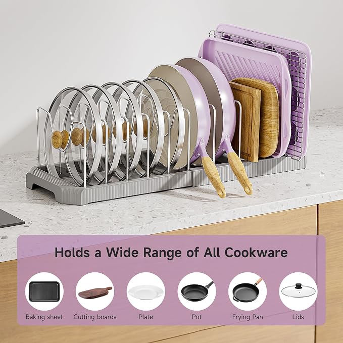 MUDEELA Pots and Pans Organizer under Cabinet, Expandable Rack with Pot Lid Holder and 12 Adjustable Dividers, Pan Organizers inside Cabinet for Kitchen Organization, Cutting Boards, Baking Sheets