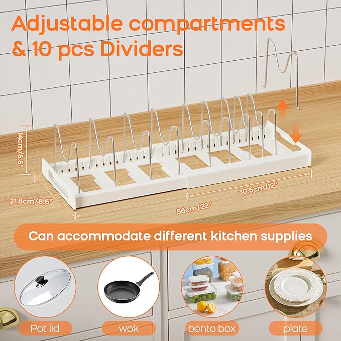 Nigelia Pots and Pans Organizer for Under Cabinet 22" Expandable Food Storage Container Lid Organizers with 10 Adjustable Dividers Pot and Pan Lid Holders Rack Inside Cabinet&Kitchen Countertop(Black)