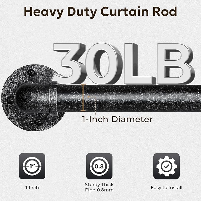 Zeerobee Curtain Rods for Windows 66 to 120, 1 Inch Industrial Wrap Around Vintage Black Curtain Rod, Indoor/Outdoor Room Divider Adjustable Drapery Pole, 66"-120"