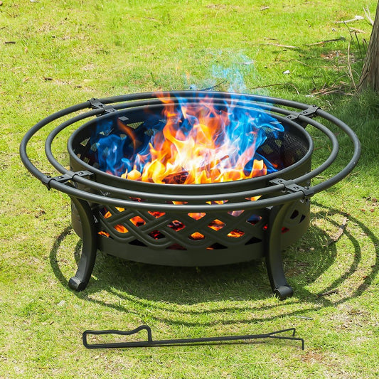 42 Inch Outdoor Fire Pit with 2 Loops,Crossweave Wood Burning Fire Pits for Outside,with Spark Screen,Fire Poker,Round Metal Firepit for Patio,Backyard,Beach,Camping,Bonfire(42''Black)