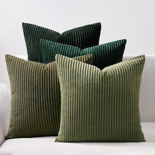 Topfinel Dark Green Euro Shams Decorative Throw Pillow Covers 22x22 Inch Set of 4,Soft Corduroy Striped Gradient Color Large Cushion Cover for Beach,Patio,Balcony,Living Room,Summer Home Decor