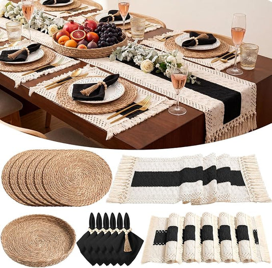 6 Sets Boho Decoration Placemats Round Woven Placemats, Cloth Napkins, Wood Bead Napkin Rings, Long Table Runner and Farmhouse Burlap Cotton for Table Kitchen (Black,12x72)