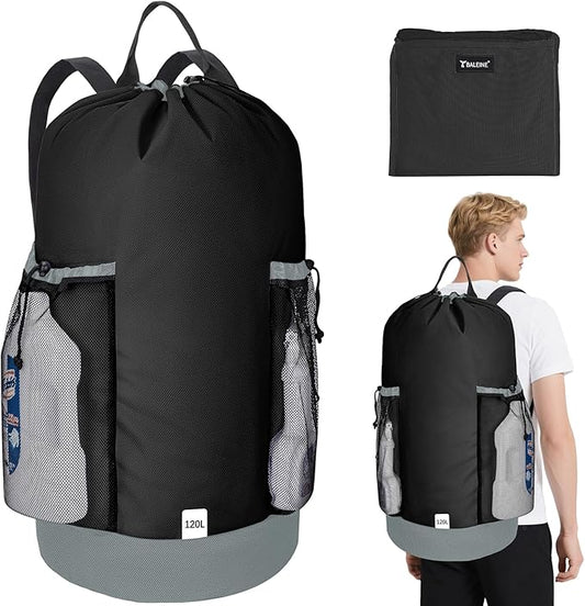 BALEINE 2PK 120L Laundry Bag Backpack, 900D Oxford Fabric Large Travel Laundry Bags with Shoulder Straps and 2 Mesh Pockets for College Dorm, Apartment, Laundromat (Black, 120L)