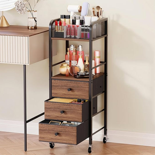 HapiRm Rolling Makeup Cart Organizer - Floor Skincare Make Up Storage with 3 Non-woven Fabric Drawers, Vanity Organizer Cosmetic Display Cases Holder for Skin Care Perfume Nail Polish Brush Hair Tool