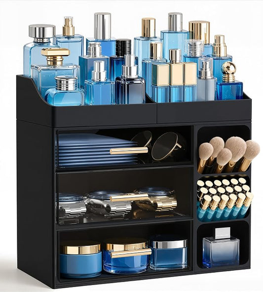 HBlife Cologne Organizer for Men Makeup Organizer Countertop with Brush Holder, Large Bathroom Counter Organizer with Drawers, Plastic Dresser Organizer Storage Fathers Day Gift for Dad Husband, Black