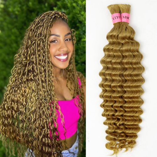 MSCATHY 27# Human Braiding Hair for Boho Braids 100g Deep Wave Bulk Human Hair for Braiding Color 27# Boho Human Hair 16inch for Boho Braids 12A Honey Blonde Bohemian Hair(Color 27# 16inch)