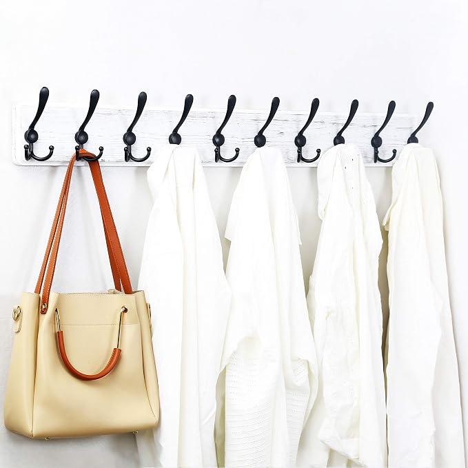 WEBI Coat Rack Wall Mount,38 9/16" Long,10 Hooks,Large Coat Hooks Wall Mounted,Coat Hanger Wall,Farmhouse Wood Hook Rack Rail,Triple Hooks for Hanging Coats,Clothes,Jacket,Black/White
