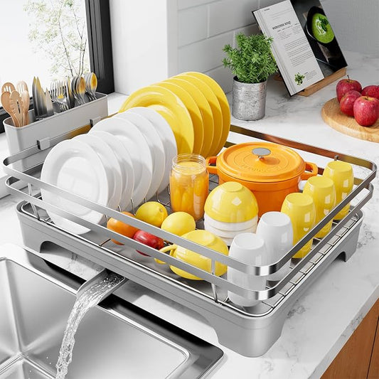 Kitsure Dish Drying Rack - Multi-Functional Dish Rack for Kitchen Counter with Cutlery Holder, Rust-Proof Storage Solution with Rotatable, 15.7" x 12.0" x 5.5", Sliver Grey