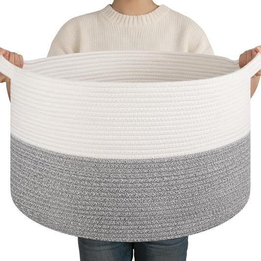 OIAHOMY Large Blanket Basket for Living Room, 19.7" x 12.6" Woven Cotton Rope Laundry Basket for Organizing Pillows, Decorative Stuffed Animal Toy Storage for Nursery, White and Light Grey