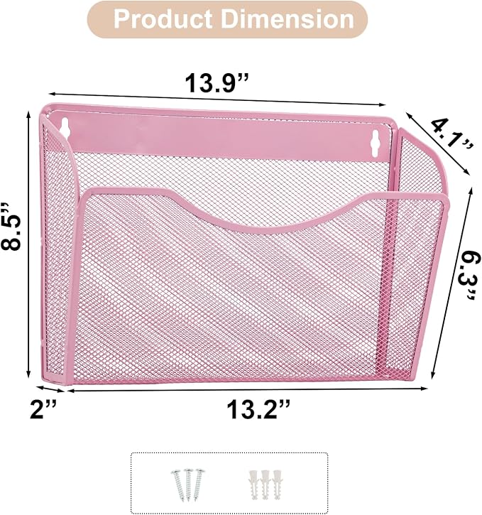 EASEPRES 3 Single Pocket Mesh Hanging File Organizer, Vertical Wall Mounted Magazine File Holder, Mount Basket Mail Paper Document Folder Organizing for Office, Home and School, Pink