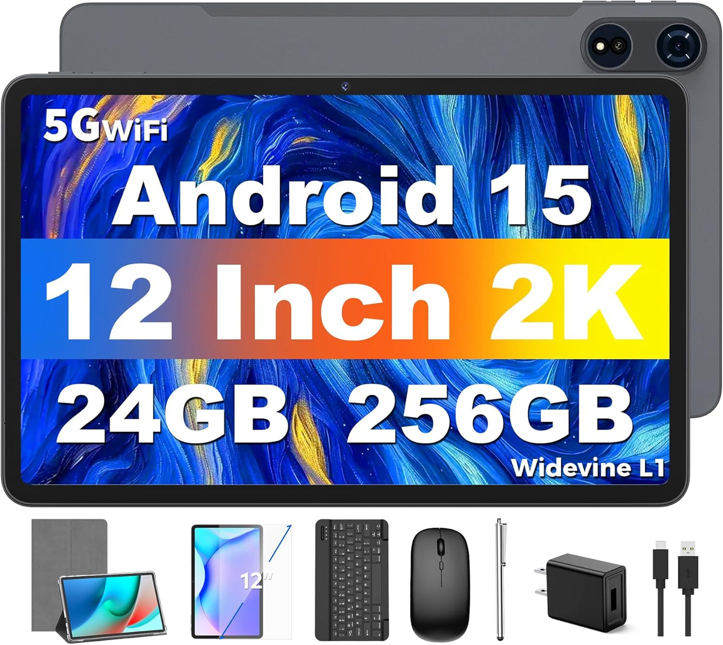 Tablet 12 inch Android 15 Tablets, 24GB（8+16）RAM+256 Storage(Expand to 1TB), Android Tablet with Keyboard, Octa-Core, 2K 2000x1200 Display, 16MP Dual Camera, 8000mAh, 5G WiFi,GPS,Bluetooth 5.0（Silver）