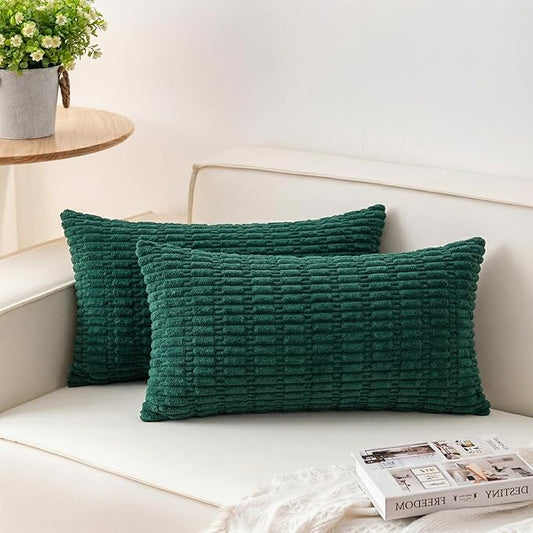 Aegero Pack of 2 Christmas Green Corduroy Decorative Throw Pillow Covers 12x20 Inch Soft Striped Pillow Covers Modern Farmhouse Home Decor for Sofa Living Room Couch Bed（Blackish Green）