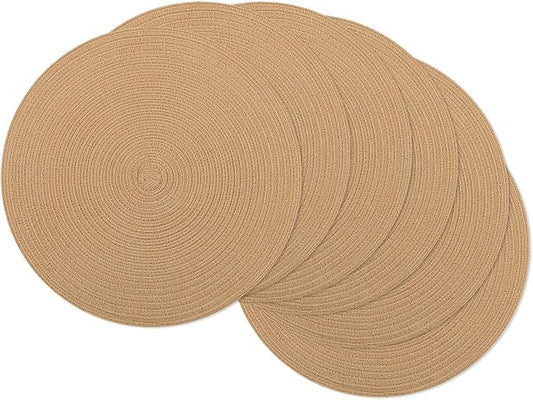 SHACOS 15 inch Round Braided Placemats Set of 6 Cotton Polyester Heat Resistant Round Table Mats Washable Place Mats for Dinner Party Table Decoration (Camel, 6)