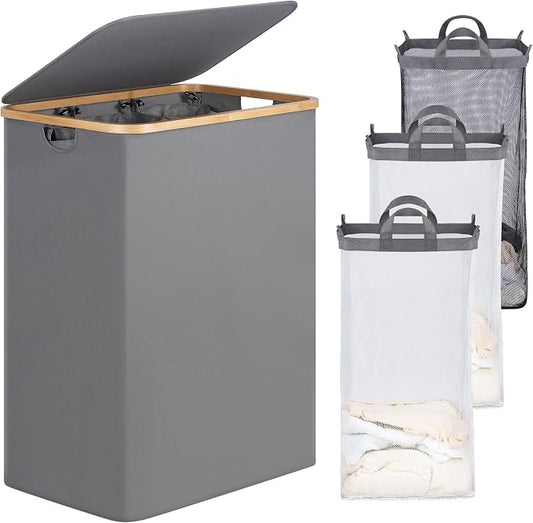 efluky Laundry Hamper with Lid, Trio Laundry Basket with 2 Removable Bags, 3 Section Laundry Bin with Bamboo Handles for Bathroom, Bedroom & Laundry Room, 160L (42.3 Gallon) Silver Grey