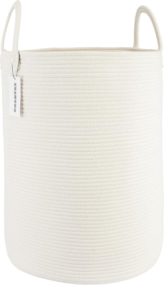 XUANGUO Cotton Rope Laundry Basket Hamper for Clothes Woven Storage Basket for Living Room Bedroom Boho Tall Rope Baskets for Blanket Toys Pillow Towels Baby Nursery Hamper Bin Large white