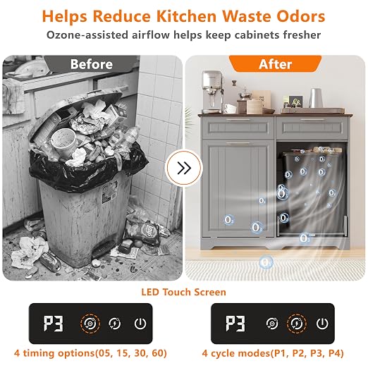 Double 10 Gallon Tilt Out Trash Can Cabinet with Deodorizing Function, Wooden Hidden Garbage Can Holder with Storage Drawers for Kitchen and Dining Room, Laundry Hamper Cabinet for Bathroom, Grey