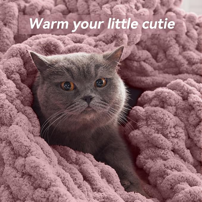 Negwoo Chunky Knit Throw Blanket, 30''*40'' Knitted Throw Chenille Yarn for Bed Couch, Handmade Muted Pink Crochet Big Thick Blanket, Machine Washable Cute Comfy Blanket for Home Decor