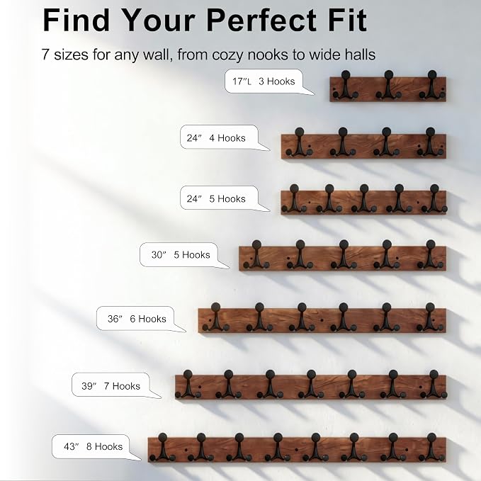 SKOLOO 43-Inch Cherry Wood Coat Rack Wall Mount with 8 Triple Hooks - Ideal for Family Entrances, Classrooms, and Pet Supplies Storage - Perfect Coat Hooks for Wall, Pack of 2