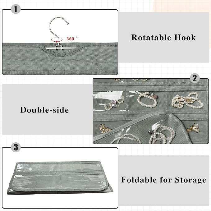 1 Pack Hanging Jewelry Organizer 80-Pocket Dual-sided Jewelry Storage for Earring Necklace Bracelet Ring Travel Holder, Gray