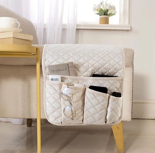 Velvet Armchair Caddy for Couch Remote Control Holder Non-slip Sofa Armset Organizer Caddy Storage for Recliner Couch 5 Pocket for Magazine 35"x13" Ivory 1 Piece