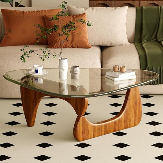 Coffee Table for Living Room Mid Century Modern Center Table with Glass Top and Wood,36 Inch, Transparent/Walnut