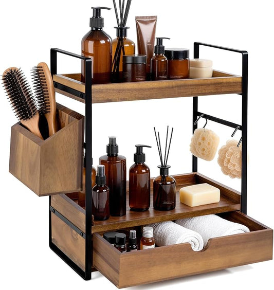 2-Tier Bathroom Counter Organizer with Drawer and Basket, Acacia Wood Countertop Organizer for Storage, Skincare Organizers for Vanity, Counter Shelf for Bathroom Organization(Acacia Wood-Dark Brown)