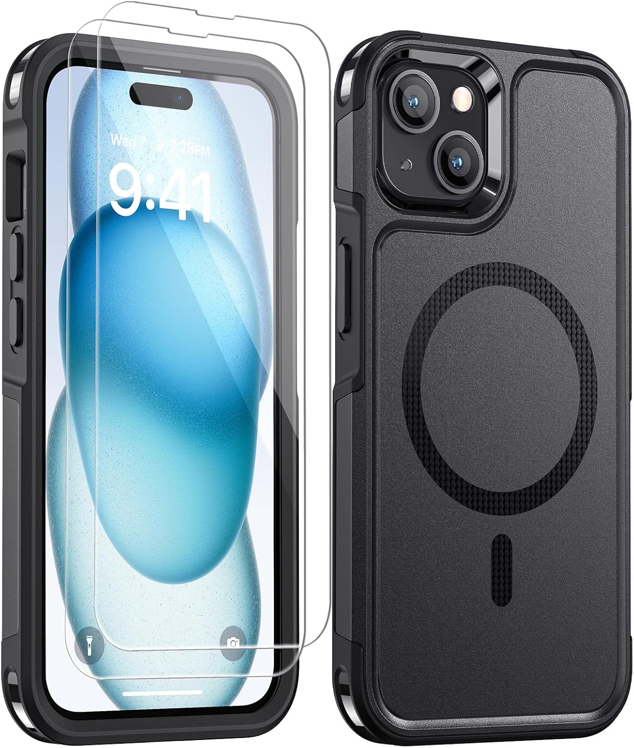 Lanhiem for iPhone 15 Case Magnetic, [2 Pack Tempered Glass Screen Protector][Compatible with MagSafe][10 FT Military Grade Shockproof] Heavy Duty Tough Rugged Phone Cover for iPhone 15 - Black