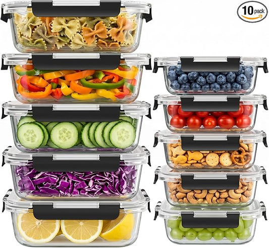 Dealusy 10 Sets (20-Piece) 4.5 Cup & 1.5 Cup Glass Food Storage Containers with lids, Airtight Leak-proof Glass Meal Prep Containers with Lids, Microwave Oven Freezer Dishwasher Safe, Black