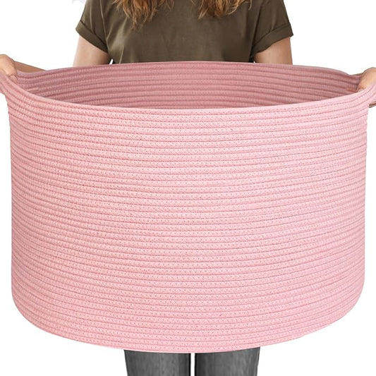 MEGASKET 115L Oversized Pink Basket, 23.6"x15.7" Woven Cotton Rope Bin with Handles, XXXL Blanket Storage for Living Room, Kids Toy Storage Bin Box, Baby Laundry Basket for Organizing, Pink Room Decor