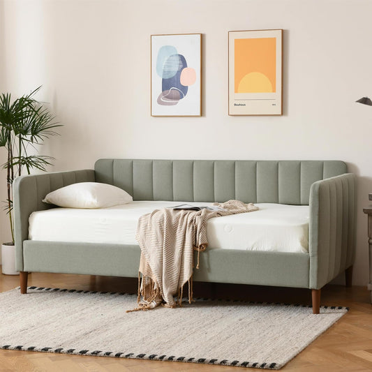 YUHUASHI Twin Size Upholstered Daybed with Wood Slat Support, Daybed Frame for Living Room, Bedroom, Guest Room, No Box Spring Needed (Light Green, Twin)