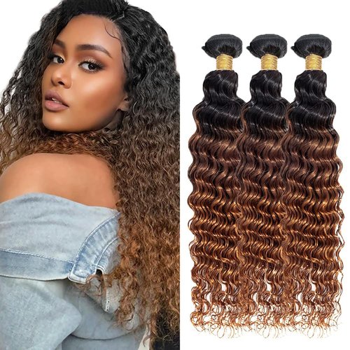 Habiliana Bundles Human Hair 18 20 22 Inch Omber Deep Wave Human Hair Bundles Natural Chocolate Brown T1B/4/30 11A Unprocessed Brazilian Virgin Quick Weave Hair Extensions for Black Women