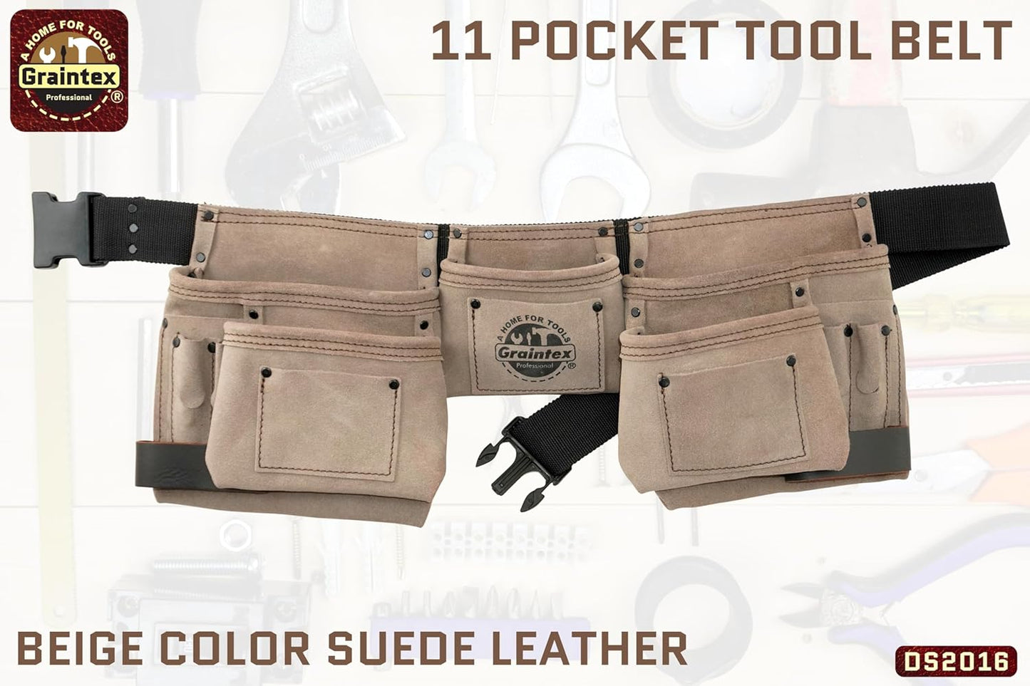Graintex DS2016 11 Pocket Beige Color Suede Leather Tool Belt/Tool Bag/Work Apron, 2 Hammer Loops, Adjustable Belt | Construction, Carpenter, Roofing, Drywall, Electrician, Gardening, DIY