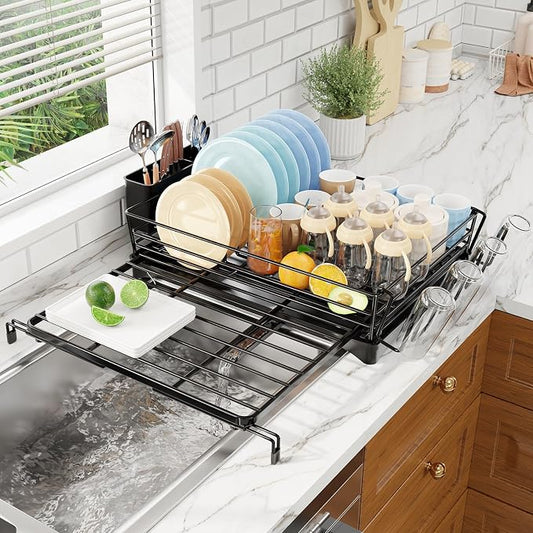 Simple Trending Dish Rack - Expandable Dish Drying Rack for Kitchen Counter, Large Capacity Dish Drainers, Stainless Steel Dish Strainer with Utensil & Cup Holders, Black